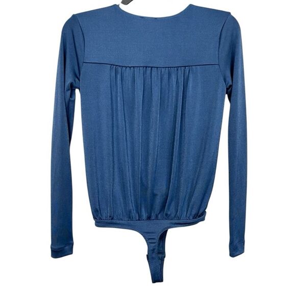 Free People | Turnt Sheen Bodysuit in Blue Metal Long Sleeve Slinky Top Thong XS - Picture 5 of 8